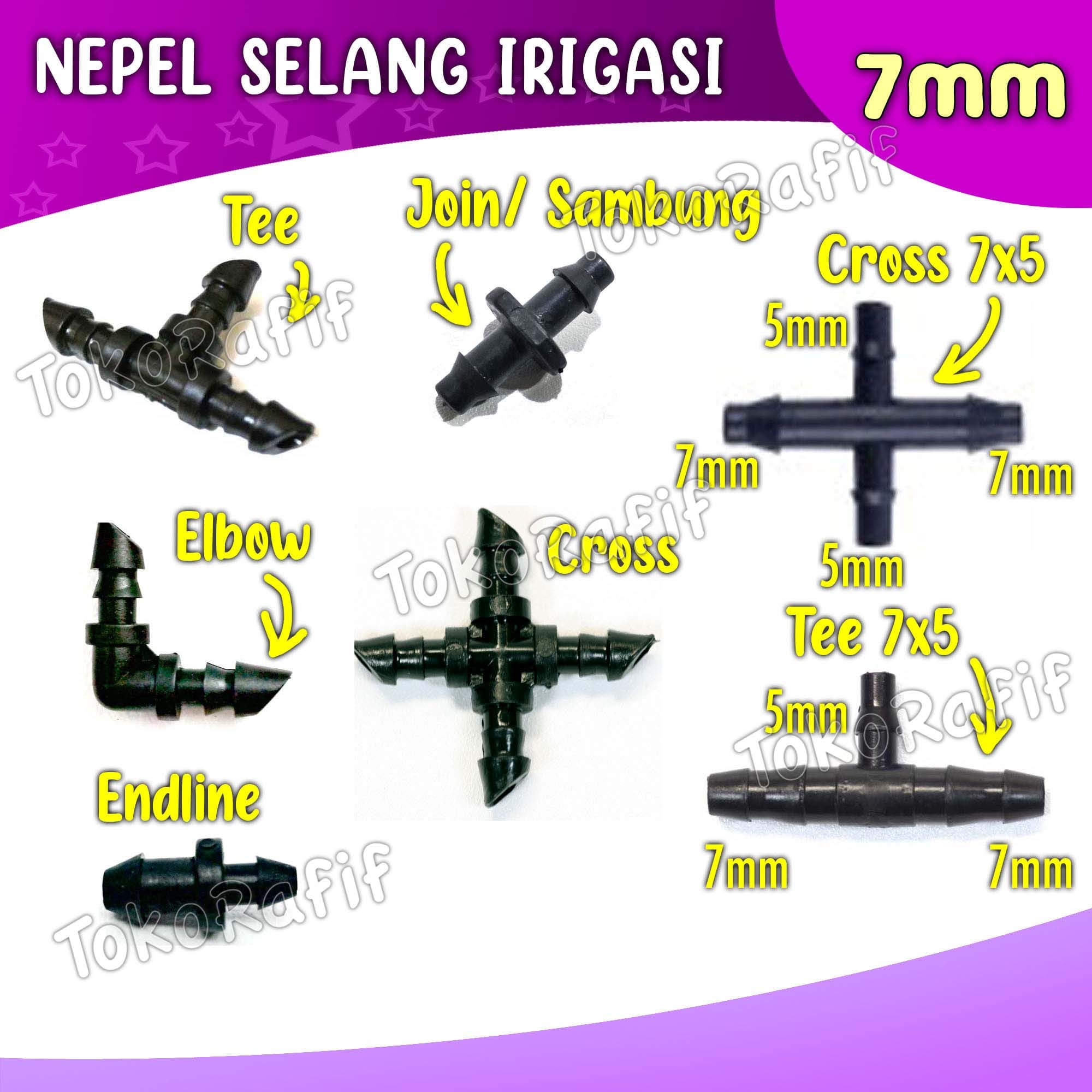 Nepel Selang 7mm, Tee, Elbow, Cross, joiner, Endline