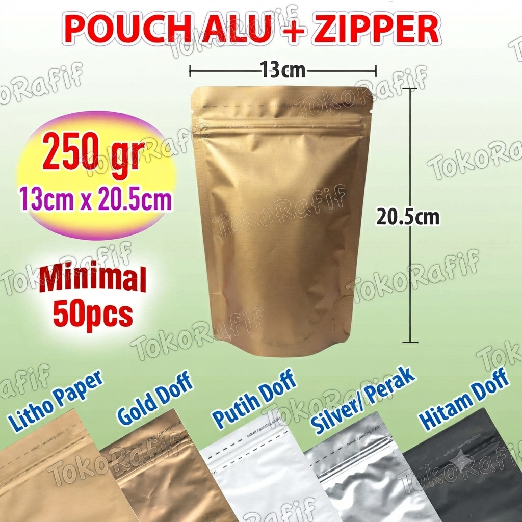 [50PCS] Kemasan 250gr-13x20.5cm Standing Pouch Zipper AluFoil - gold-doff