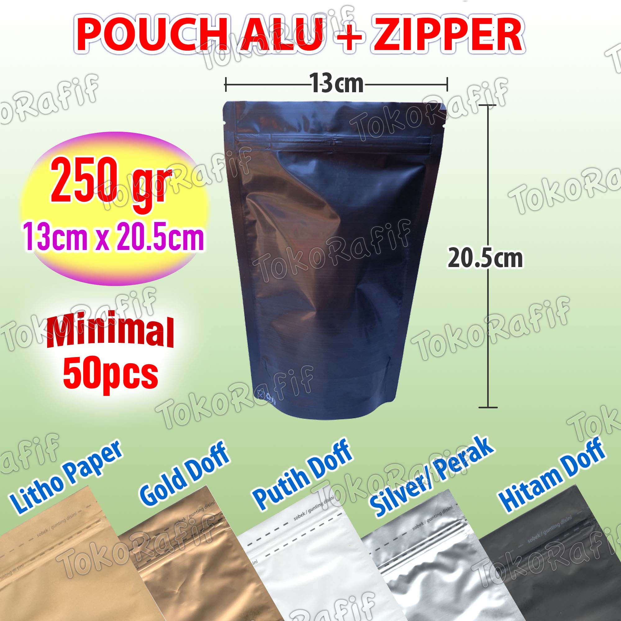 [50PCS] Kemasan 250gr-13x20.5cm Standing Pouch Zipper AluFoil - litho-papper