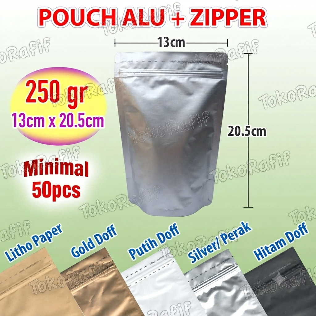 [50PCS] Kemasan 250gr-13x20.5cm Standing Pouch Zipper AluFoil - silver-doff