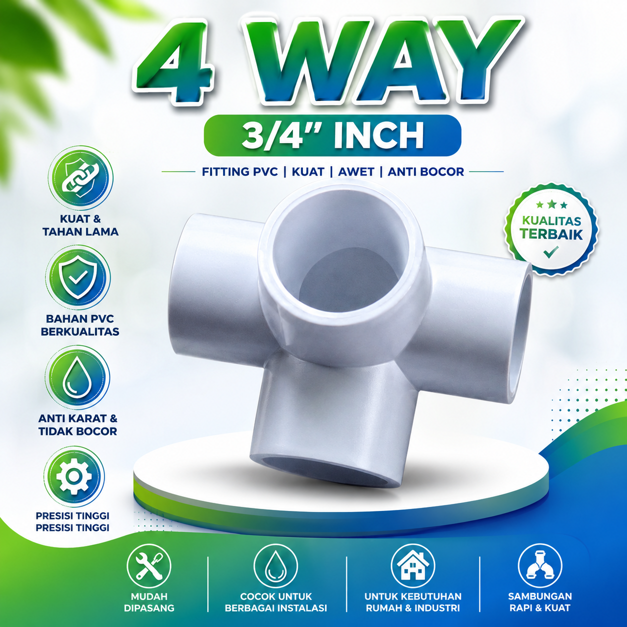 Fitting Pipa PVC 3/4 inch, 3-Way 4-Way 5-Way Cross Tee dan Knee Warna Putih - 4-way-3-4-inch