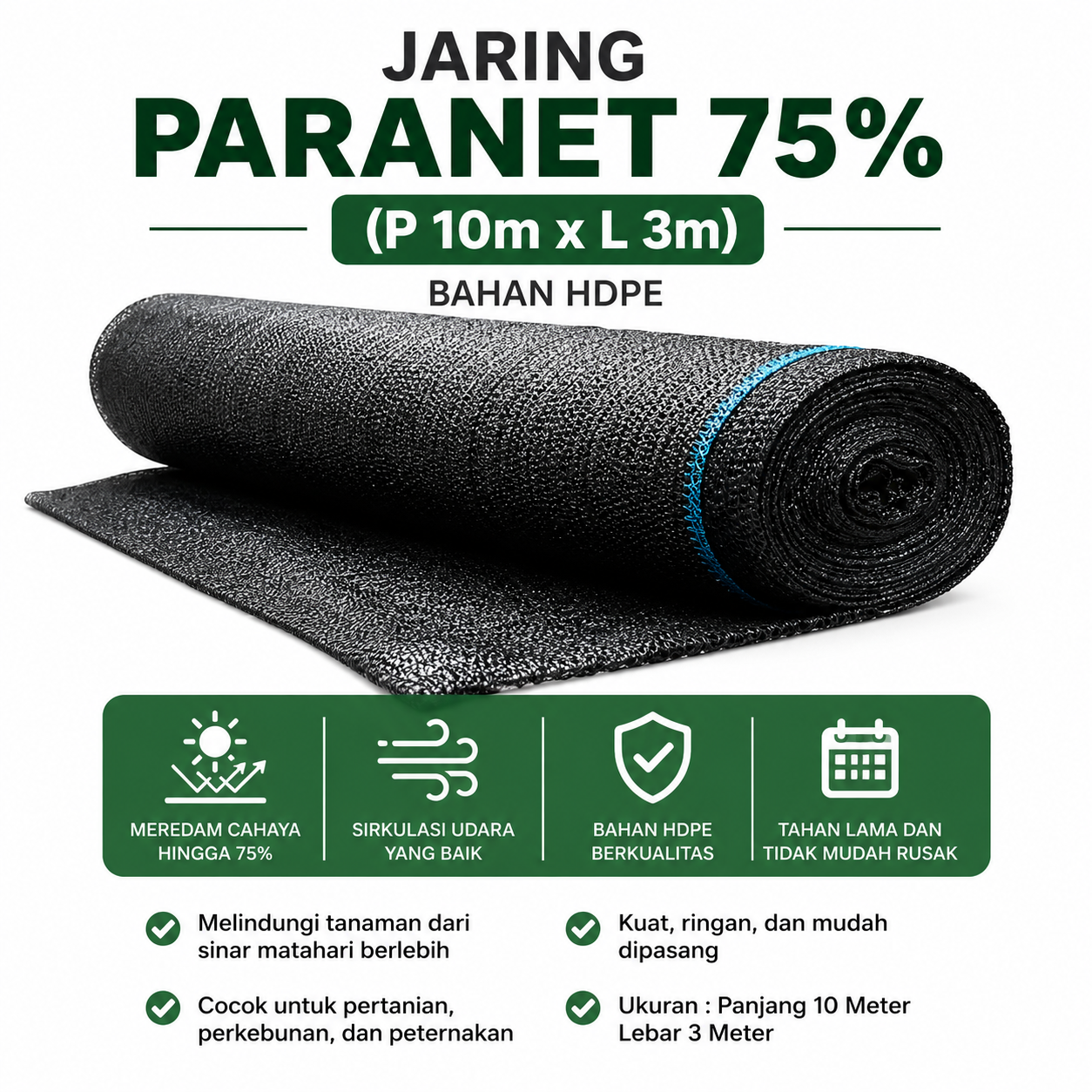 Jaring paranet 75% (P 10m x L 3m) bahan HDPE