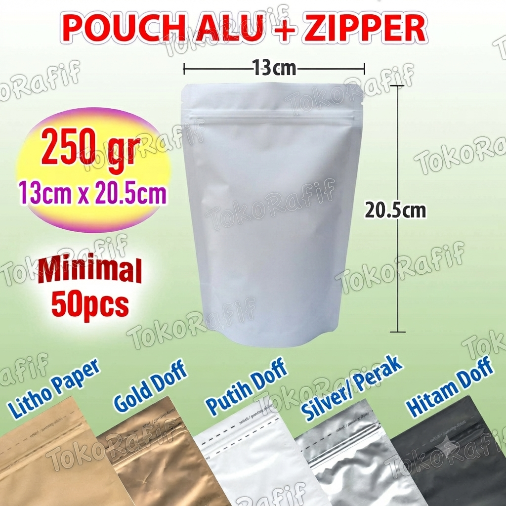 [50PCS] Kemasan 250gr-13x20.5cm Standing Pouch Zipper AluFoil - putih-doff